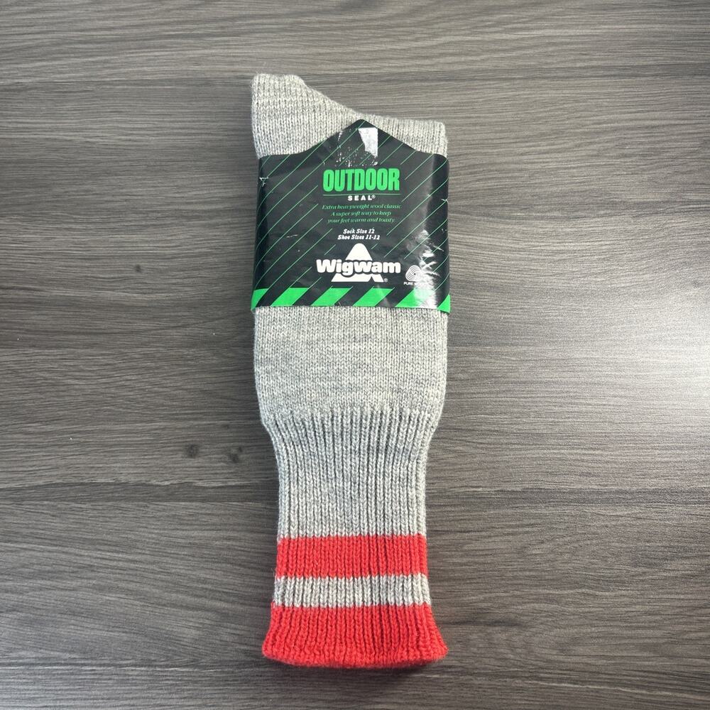 Vintage Wigwam Outdoor Seal Wool Boot Socks 11-12 Gray Red Stripe USA New NOS